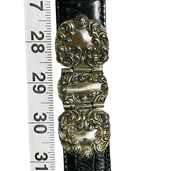Fossil Black Croco Embossed Cowhide Belt Scrolled Silver Tone Accents/Buckle - L - Picture 11 of 15